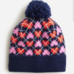 NWT Crewcuts Kids/Girls Navy Heart Argyle Super-soft Beanie w/ Pom, Size L/XL